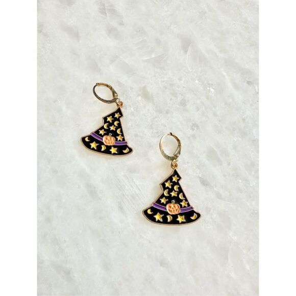 Halloween witches hat with moon, stars, and jack-o-lantern dangle earrings - Picture 2 of 2